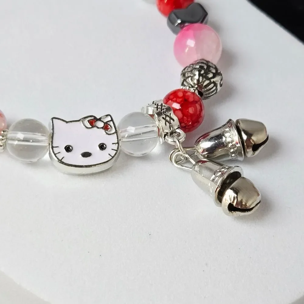 Hello Kitty Beaded Bracelet Pink Marble Resin Hematite Heart Bell Charm Kawaii